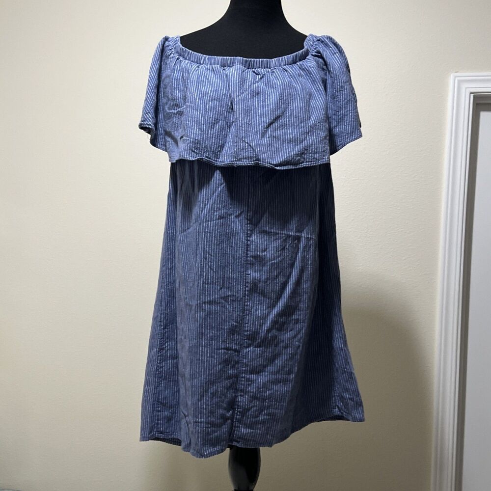 OLD NAVY Linen Blend Blue White Pinstripe Off The Shoulder Dress L Ruffle